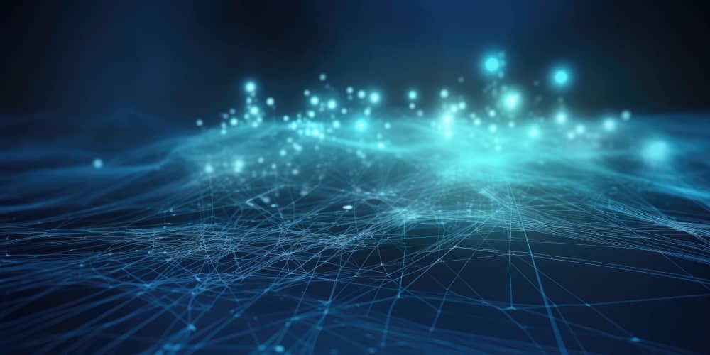 lustración digital de innovación tecnológica, con conexiones de datos futuristas y luces brillantes que representan la transformación digital en Inserty Tech Solutions.