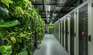 Pasillo de un centro de datos verde con infraestructura energéticamente eficiente y plantas naturales integradas.