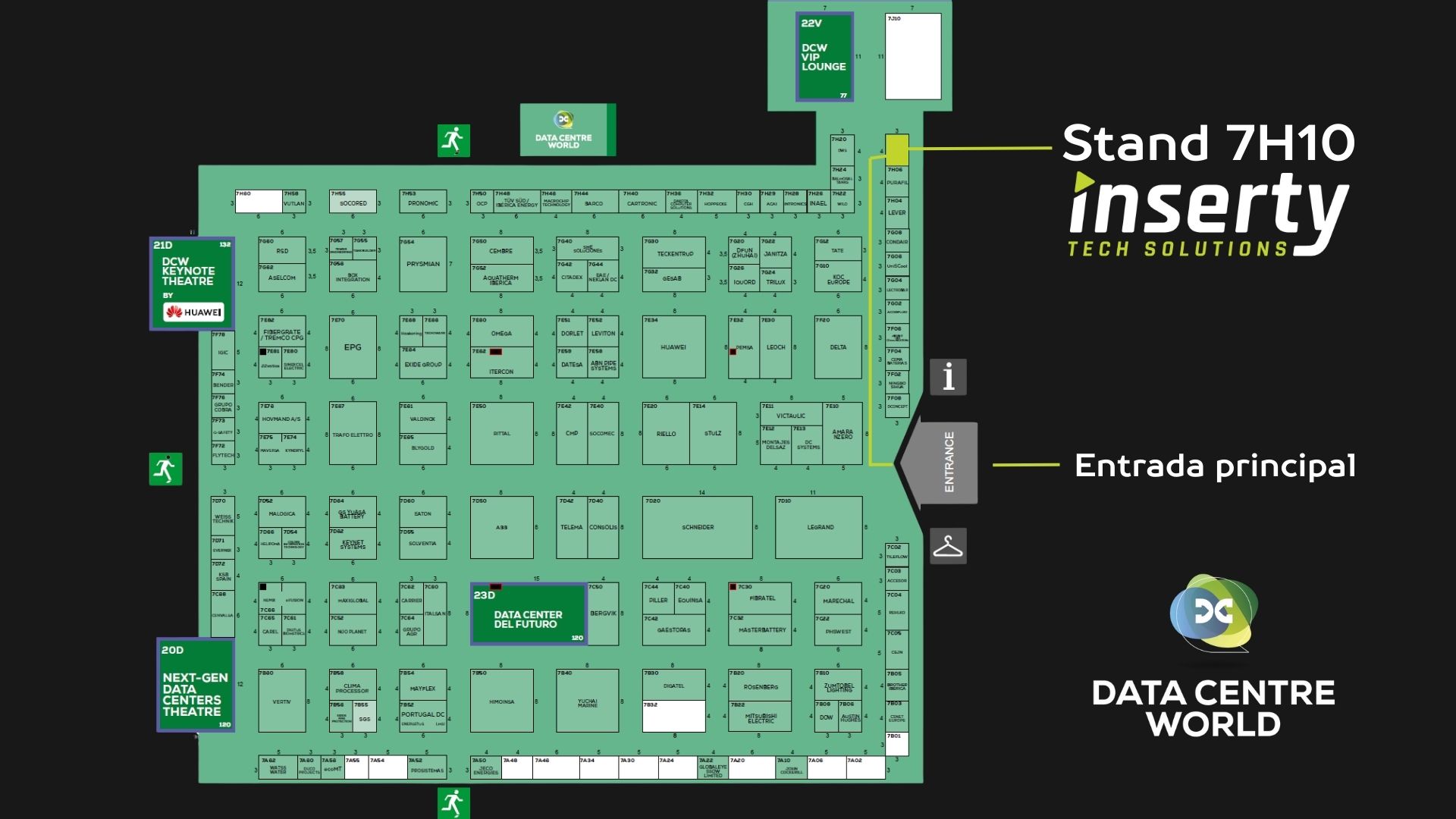 Plano del evento Data Centre World Madrid 2025 con ubicación destacada del stand de Inserty (7H10) cerca de la entrada principal de IFEMA.