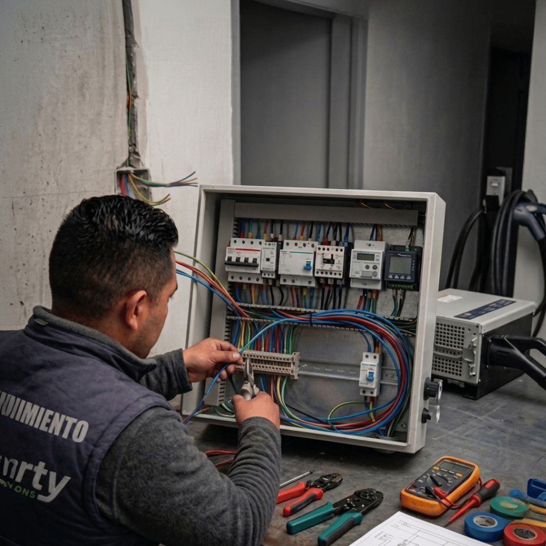 Estudiante de electricidad en prácticas trabajando en un cuadro eléctrico